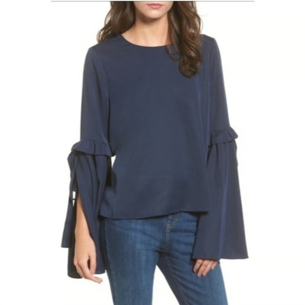 NWT Anthropologie J.O.A. Tie Bell Sleeve Navy Blue Blouse 132034